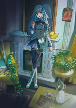 1girl blue_hair book boots curtains fireplace highres imageprogram_(kent) indoors lize_helesta mirror nijisanji picture_frame plant potted_plant red_eyes sanbaka_(nijisanji) table virtual_youtuber white_boots