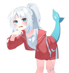 Rule 34 | 1girl, absurdres, alternate costume, bent over, blue eyes, blue hair, blue nails, blush, collarbone, fang, fins, fish tail, gawr gura, highres, hololive, hololive english, jacket, looking at viewer, medium hair, multicolored hair, open clothes, open jacket, ponytail, puffy sleeves, red jacket, red shorts, see-through, see-through shirt, shark girl, shark tail, shorts, steaming body, stitched tail, streaked hair, sweatdrop, tail, ugaaaa1, virtual youtuber, white background, white hair, white undershirt, wiping sweat