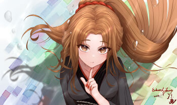 Rule 34 | 1girl, :q, absurdres, black kimono, blush, brown hair, chinese commentary, commentary request, curtained hair, dated, edward-jacob (pixiv 17991780), finger to own chin, fingernails, forehead, highres, ichikawa hinana, idolmaster, idolmaster shiny colors, japanese clothes, kimono, long hair, looking at viewer, nail polish, ponytail, red nails, signature, smile, solo, tongue, tongue out, upper body, very long hair