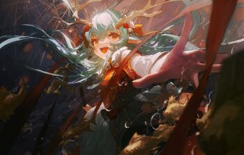 1girl 2024 aerial_fireworks animal_ears aqua_hair commentary_request detached_sleeves dragon_girl dragon_horns drawer_bushi_huajia fireworks fish from_below fur_trim hair_ornament highres horns long_hair looking_at_viewer new_year open_mouth original partially_underwater_shot pleated_skirt red_eyes skirt smile solo thick_eyebrows