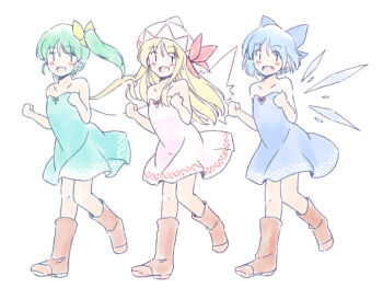 3girls :d bare_shoulders blonde_hair blue_bow blue_dress blue_hair blush boots bow brown_boots cirno clenched_hands collarbone commentary_request daiyousei detached_wings dress fairy fairy_wings fang green_dress green_hair hair_bow hands_up hat knees lily_white long_hair looking_to_the_side multiple_girls open_mouth pink_dress pink_hat rangycrow red_bow short_hair side_ponytail smile touhou wings yellow_bow |_|