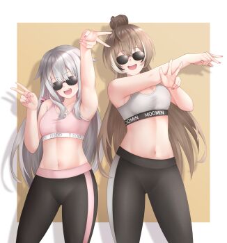 2girls absurdres alternate_costume arm_up black_hair black_leggings border breasts brown_background brown_hair clothes_writing commentary cowboy_shot double_v double_w drop_shadow english_commentary gem grey_hair highres hololive hololive_english koseki_bijou leggings long_hair multicolored_hair multiple_girls nanashi_mumei navel open_mouth pink_gem pink_sports_bra popcornflakes simple_background small_breasts smile sports_bra sportswear stomach streaked_hair sunglasses teeth upper_teeth_only v virtual_youtuber w white_border white_hair white_sports_bra