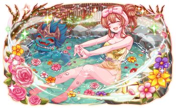 1girl 1other alternate_costume alternate_design alternate_hairstyle bare_arms bare_legs bare_shoulders barefoot blue_hair blue_tail blunt_bangs blush bow branch breasts bush cavalcanti_(crash_fever) cel_shading character_request closed_eyes crash_fever fangs fence floor_lamp floral_print flower flower_necklace flower_request full_body game_cg hair_between_eyes hair_bun half_updo headband headwear_request in_water jewelry katana lamp light_particles lights medium_breasts necklace no_pupils official_alternate_costume official_alternate_design official_alternate_hairstyle official_art on_ground onsen open_mouth outdoors outline partially_submerged pink_bow pink_flower pink_headband pink_petals pink_rose purple_flower purple_petals red_eyes red_flower red_outline red_petals rock rose single_side_bun skin_fangs solo_focus sparkle stretching sword tachi-e too_many_flowers transparent_background water_drop weapon wet yellow_flower