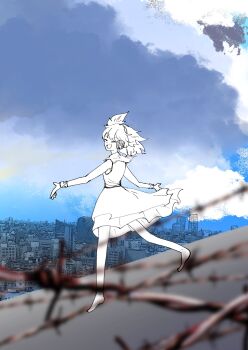 Rule 34 | 1girl, barbed wire, blue sky, blurry, bracelet, building, closed eyes, cloud, cloudy sky, commentary request, depth of field, ebimikosama35, facing viewer, floating clothes, from behind, full body, greyscale with colored background, headphones, highres, jewelry, looking to the side, medium hair, open mouth, outdoors, outstretched arms, pointy ears, shirt, skirt, sky, sleeveless, sleeveless shirt, smile, solo, touhou, toyosatomimi no miko, urban, walking