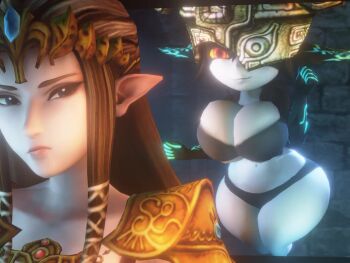 2girls 3d animated armor blue_eyes breasts cleavage colored_sclera curvy female_focus huge_breasts long_hair midna monster_girl multiple_girls n-nurico navel nintendo pauldrons pointy_ears princess_zelda red_eyes shortstack shoulder_armor tagme the_legend_of_zelda the_legend_of_zelda:_twilight_princess thick_thighs thighs video wide_hips yellow_sclera
