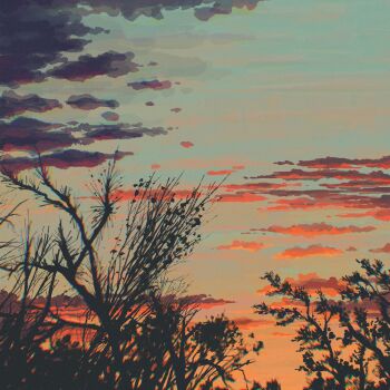 absurdres chromatic_aberration commentary dusk english_commentary fangpeii gradient_sky highres no_humans original outdoors scenery silhouette sky sky_focus tree