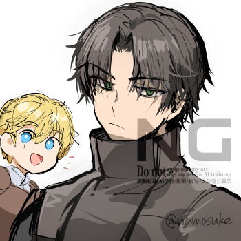 2boys black_hair blonde_hair blue_eyes character_request closed_mouth commentary_request frown green_eyes looking_at_viewer male_focus multiple_boys namosuke_(oetwmkekmz) open_mouth ragnarok_online short_hair simple_background smile twitter_username upper_body watermark white_background