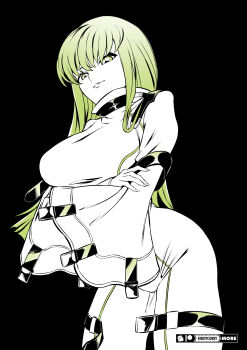 1girl bodysuit breasts c.c. code_geass crossed_arms green_eyes green_hair highres kiddycorky large_breasts long_hair long_sleeves looking_at_viewer monochrome parted_lips smile solo standing straitjacket thighhighs white_bodysuit wide_sleeves
