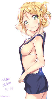 Rule 34 | 1girl, 2018, absurdres, alls, arm behind head, bikini, bikini under clothes, blonde hair, braid, breasts, character name, closed mouth, commentary request, crown braid, female focus, from side, green eyes, hair rings, happy birthday, highres, kurozu, looking at viewer, love live!, love live! sunshine!!, medium breasts, ohara mari, overalls, revision, sideboob, simple background, smile, solo, standing, swimsuit, twitter username, white background, white bikini