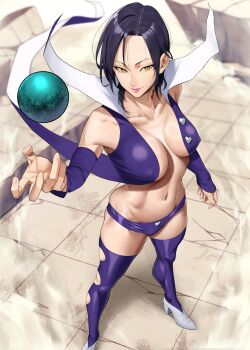 1girl absurdres arm_behind_back ball bare_shoulders boots breasts collarbone energy female_focus full_body fur_trim heart high_heels highres jacket large_breasts long_sleeves merlin_(nanatsu_no_taizai) nanatsu_no_taizai navel open_clothes open_jacket panties purple_boots purple_jacket purple_panties simple_background solo standing stomach thigh_boots thighhighs underwear yellow_eyes yoshio_(55level)