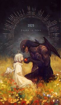 Rule 34 | 1boy, 1girl, 2025, angel, angel wings, apple, black pants, body markings, chinese zodiac, closed mouth, commentary request, dark-skinned male, dark skin, demon, demon boy, dress, english text, eve (mythology), field, flower, flower field, food, fruit, grass, grey eyes, halo, hand up, highres, holding, holding food, holding fruit, hood, hood down, hood up, hooded dress, kneeling, long dress, looking at another, medium hair, muscular, muscular male, narita imomushi, on grass, original, pants, red eyes, red flower, serpent (bible), snake hood, the bible, white dress, white hair, wings, year of the snake, yellow flower