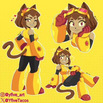 1girl animal_ears artist_name brown_hair cat_ears cat_girl closed_mouth commentary crossed_legs from_behind furry furry_female gameoverse goggles goggles_on_head highres instagram_username kit_bodega looking_at_viewer multiple_views one_eye_closed polka_dot polka_dot_background red_eyes short_hair sitting smile standing twitter_username whiskers yellow_background yfivetacos