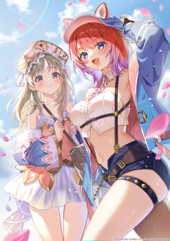 Rule 34 | 2girls, absurdres, animal ears, arm behind head, arm up, armpits, atelier (series), atelier resleriana, atelier resleriana: the red alchemist &amp; the white guardian, atelier totori, bare shoulders, blue eyes, blue hat, blue jacket, blue shorts, breasts, brown hair, commentary request, crop top, detached collar, dress, ears through headwear, gradient hair, hat, highres, jacket, long sleeves, looking at viewer, medium breasts, medium hair, midriff, multicolored hair, multiple girls, navel, newsboy cap, official art, open clothes, open jacket, open mouth, purple hair, red hair, rias eidreise, satoupote, second-party source, shirt, short shorts, shorts, sleeveless, sleeveless shirt, smile, stomach, suspenders, thigh strap, thighs, totooria helmold, white dress, white hat, white shirt