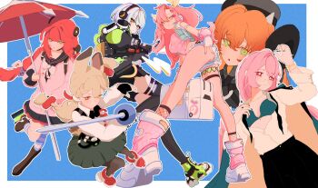 6+girls alice_thymefield anby_demara animal_ears black_hat black_skirt black_thighhighs blonde_hair blue_background braid cinnie_kinnie commentary crop_top english_commentary fingerless_gloves glasses gloves green_eyes grey_hair hair_between_eyes hair_ornament hat headphones high-waist_skirt highres jacket long_hair looking_at_viewer mole mole_under_eye multiple_girls nicole_demara orange_hair orphie_magnusson pink_hair rabbit_ears rabbit_girl red_eyes red_hair ribbon shirt short_hair shorts sidelocks skirt sphere_hair_ornament streetwear thighhighs tsukishiro_yanagi twin_braids twintails two_side_up ukinami_yuzuha very_long_hair white_hair white_shirt yellow_eyes yellow_ribbon zenless_zone_zero