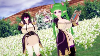 3d black_hair breasts cleavage fire_emblem fire_emblem_awakening green_hair highres huge_breasts large_breasts looking_at_viewer female_morgan_(fire_emblem) nah_(fire_emblem) nintendo outdoors pointy_ears pov tagme