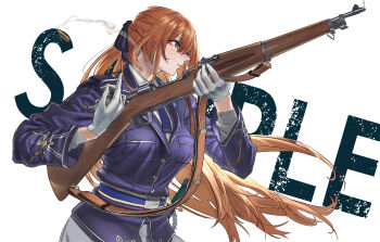 1girl absurdres ascot bayonet belt blue_ascot blue_belt blue_jacket blue_ribbon bolt_action breasts brown_eyes brown_hair casing_ejection closed_mouth collared_shirt girls&#039;_frontline gloves grey_shirt gun gun_sling hair_between_eyes hair_ribbon half_updo highres holding holding_gun holding_weapon jacket large_breasts long_hair long_sleeves m1903_springfield ribbon rifle sample_watermark scabbard sheath shell_casing shirt simple_background smoke smoking_barrel solo springfield_(girls&#039;_frontline) utsuda very_long_hair watermark weapon white_background white_gloves