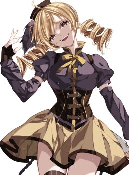 1girl black_corset black_gloves black_shirt black_sleeves blonde_hair bow bowtie corset detached_sleeves dress_shirt drill_hair evil_smile gloves hat highres long_sleeves mahou_shoujo_madoka_magica misteor neck_ribbon ribbon shirt skirt smile tomoe_mami twin_drills yellow_bow yellow_skirt