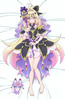 1girl absurdres animal_ear_fluff antenna_hair barefoot bed_sheet between_legs between_thighs black_bow black_capelet black_dress blonde_hair bow capelet commentary_request creature cure_arcana_shadow dakimakura_(medium) dress gradient_hair hair_between_eyes hair_intakes highres looking_at_viewer lying mameshiba_(pixiv_59310) mashu-tan meitantei_precure! moria_luluka multicolored_hair on_back parted_lips precure purple_eyes purple_hair tear_arcana_rod wrist_cuffs