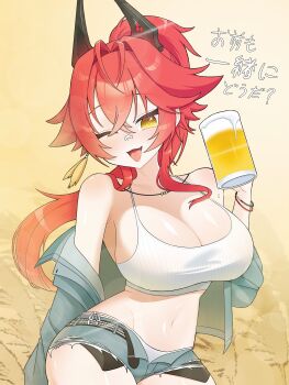 1girl absurdres alcohol bandage_on_nose bandaid bandaid_on_face bandaid_on_nose beer beer_mug belt blush breasts camisole cleavage commentary_request cup denim denim_jacket denim_shorts exposed_pocket fang foam goddess_of_victory:_nikke highres holding horns jacket large_breasts long_hair mechanical_horns medium_sidelocks micro_shorts mug navel official_alternate_costume official_alternate_hairstyle one_eye_closed open_belt open_mouth ponytail red_hair red_hood_(nikke) red_hood_(retro_days)_(nikke) ribbed_camisole shorts smile solo tank_top tekketsuneko white_camisole white_tank_top yellow_eyes