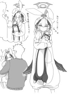 1boy 1girl alternate_costume blue_archive blush carrying carrying_person commentary_request cosplay feathered_wings greyscale halo head_wings highres kigurumi koharu_(blue_archive) looking_at_another low_twintails low_wings monochrome ok_sign sensei_(blue_archive) simple_background sleeping sleepy speech_bubble suecovsky sweater thought_bubble translation_request triangle_mouth twintails wavecat_(blue_archive) white_background winged_halo wings