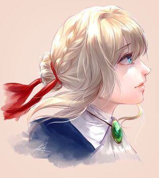 1girl ascot blonde_hair blue_dress blue_eyes braid braided_bun closed_eyes commentary dress english_commentary hair_bun portrait red_ribbon renrenka_noi ribbon simple_background solo violet_evergarden violet_evergarden_(series) white_ascot