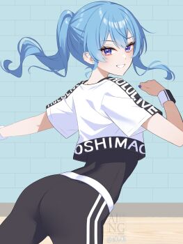 Rule 34 | 1girl, ass, black leotard, black shorts, blue eyes, blue hair, blue nails, commentary request, crop top, dancing, floating hair, grin, highres, hololive, hololive dance practice uniform, hoshimachi suisei, leotard, leotard under clothes, shorts, side ponytail, smile, solo, star (symbol), star in eye, symbol in eye, tile wall, tiles, virtual youtuber, wristband, you06