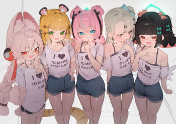 5girls animal_ears aria_(zenless_zone_zero) bare_shoulders black_hair blonde_hair blue_eyes clothes_writing green_eyes highres ju_fufu loli mesugaki multicolored_hair multiple_girls nangong_yu naughty_face pink_hair quad_tails rabbit_ears rabbit_girl red_eyes seductive_smile shirt short_shorts shorts single_bare_shoulder smile sunna_(zenless_zone_zero) tail theflatfacadeds tiger_ears tiger_girl tiger_tail white_shirt xaea_xp zenless_zone_zero zhao_(zenless_zone_zero)