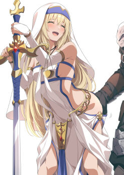 Rule 34 | 1boy, 1girl, armor, blonde hair, blush, bridal gauntlets, brown dust (series), brown dust 2, closed eyes, full armor, goblin slayer, goblin slayer!, grabbing another's ass, grey armor, groping, happy, helmet, highres, holding, holding sword, holding weapon, long hair, nun, nun headdress, open mouth, polearm, priestess, qwel 08, sideless outfit, sword, sword maiden, swordstaff, veil, weapon, white background, white veil