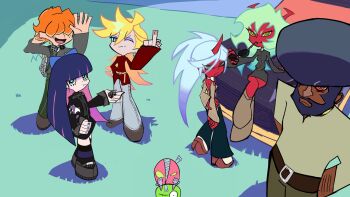 2boys 4girls afro beard black_hair blonde_hair blue_eyes blue_hair blunt_bangs bow breasts brief_(psg) car casual chuck_(psg) colored_inner_hair colored_skin commentary dark-skinned_male dark_skin demon_girl demon_horns dress earrings english_commentary facial_hair fang fastener_(psg) freckles g-string_(psg) garterbelt_(psg) glasses gothic_lolita green_eyes green_hair hair_bow hair_over_eyes headphones highres hoop_earrings horns huge_afro hummer hummer_h1 jewelry kastovia247r kneesocks_(psg) limousine lolita_fashion long_hair middle_finger motor_vehicle multicolored_hair multiple_boys multiple_girls official_style orange_hair panty_&amp;_stocking_with_garterbelt panty_&amp;_stocking_with_garterbelt_(style) panty_(psg) pink_hair ponytail priest proton_pack purple_hair red_skin scanty_(psg) siblings single_horn sisters skirt smile sports_utility_vehicle stocking_(psg) striped_clothes stuffed_animal stuffed_cat stuffed_toy thighhighs two-tone_hair yellow_eyes