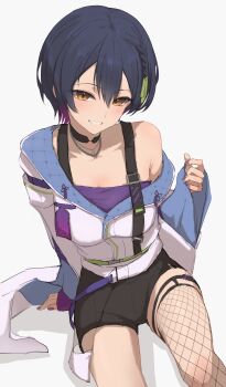 Rule 34 | 1girl, absurdres, black choker, black hair, black shorts, black sports bra, black thighhighs, bra strap, braid, brown eyes, center-flap bangs, chain, chain necklace, choker, colored inner hair, commentary request, cross-laced slit, double-parted bangs, fishnet thighhighs, fishnets, from above, grin, highres, invisible chair, jacket, jewelry, kaekae kaeru, layered sleeves, legwear garter, long sleeves, multicolored hair, nail polish, necklace, nijisanji, official alternate costume, official alternate hair length, official alternate hairstyle, pixie cut, purple hair, purple nails, purple tube top, short hair, short shorts, shorts, side braid, side slit, side slit shorts, silver necklace, single fishnet legwear, single legwear garter, single suspender, single thighhigh, sitting, smile, solo, sports bra, strapless, thigh strap, thighhighs, tube top, virtual youtuber, white jacket, wide sleeves, yamagami karuta, yamagami karuta (4th costume)