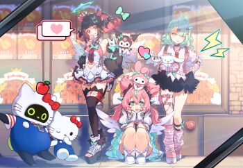 Rule 34 | 3girls, absurdres, aiwo o lite, angels of delusion, animal, animal on head, aria (zenless zone zero), arm warmers, backpack, bag, bangboo (zenless zone zero), black hair, black thighhighs, blue eyes, bow, chewing gum, cinnamoroll, clothing cutout, commentary request, dress, fingerless gloves, fuwa fuwa cinnamoroll, gloves, green eyes, green hair, hair bow, hand on own face, heart, hello kitty, hello kitty (character), highres, kuromi, leg warmers, multiple girls, my melody, my melody (series), nangong yu, navel cutout, necktie, on head, one side up, pink hair, pouch, quad tails, red eyes, red necktie, sanrio, shirt, squatting, striped arm warmers, striped leg warmers, sunna (zenless zone zero), thigh pouch, thighhighs, white dress, white shirt, white wings, wings, zenless zone zero