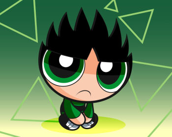 1boy black_hair black_pants black_shoes blunt_bangs butch_(ppg) child crossed_legs facing_viewer gradient_background green_background green_eyes green_shirt hanasaki_kanitchi long_sleeves looking_at_viewer pants parted_bangs powerpuff_girls sad shirt shoes sitting sneakers solo spiked_hair striped_clothes striped_shirt triangle white_shoes yellow_background