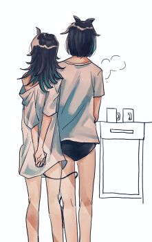 2girls alternate_costume amaotome arms_behind_back black_hair black_panties blue_hair demon_girl demon_horns demon_tail feet_out_of_frame from_behind highres horns long_hair multicolored_hair multiple_girls nanashi_inc. oura_rukako own_hands_together panties shirt shishio_chris short_hair simple_background standing tail tail_around_another&#039;s_leg tail_wrap two-tone_hair underwear virtual_youtuber white_background white_shirt yuri