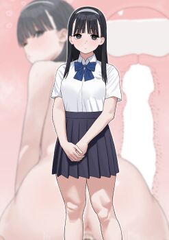 1boy 1girl absurdres ass black_hair black_skirt blue_bow blue_bowtie blunt_bangs bow bowtie breasts collared_shirt commentary_request cum ejaculation fffukuzawa hairband hetero highres internal_cumshot knees long_hair medium_breasts original pleated_skirt school_uniform sex shirt short_sleeves skirt standing white_hairband white_shirt