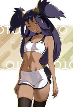1girl absurdres artist_name black_choker black_hair black_thighhighs breasts choker dark-skinned_female dark_skin grin highres iris_(pokemon) long_hair looking_at_viewer low-tied_long_hair midriff navel nintendo otokakoto pokemon pokemon_bw2 purple_hair red_eyes short_shorts shorts small_breasts smile solo sports_bra stomach thighhighs two_side_up very_long_hair white_shorts white_sports_bra