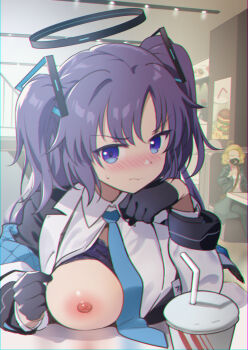 1girl andou_shuki black_gloves blouse blue_archive blue_eyes blue_neckwear blush bra breasts cup drinking_straw exhibitionism flashing gloves hair_ornament halo highres jacket large_breasts long_hair looking_at_viewer necktie nipples nude off_shoulder one_breast_out oppai_challenge presenting_breasts public_indecency purple_bra purple_hair shirt solo_focus twintails underwear v-shaped_eyebrows white_jacket white_shirt yuuka_(blue_archive)