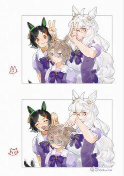 3girls ahoge animal_ears animal_print artist_name bandaid bandaid_on_cheek bandaid_on_face biwa_hayahide_(umamusume) black_hair blue_eyes bnw_(umamusume) brown_hair cat_print closed_eyes commentary ear_ornament english_commentary glasses hair_between_eyes hair_ornament hairclip highres horse_ears horse_girl long_hair multiple_girls narita_taishin_(umamusume) parted_bangs red-framed_eyewear school_uniform semi-rimless_eyewear short_hair sirius_ica smile tracen_school_uniform twitter_username umamusume under-rim_eyewear white_hair winning_ticket_(umamusume)