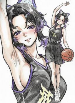 1girl ai-chan_(animelovely930) alternate_costume arm_up armpits ball basketball_(object) basketball_uniform black_hair black_shirt black_shorts breasts butterfly_hair_ornament collarbone hair_ornament holding holding_ball kimetsu_no_yaiba kochou_shinobu large_breasts multiple_views pink_hair shirt shoes shorts smile sportswear teeth white_shoes