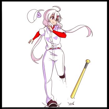 1girl ahoge amane_karen baseball_bat baseball_helmet baseball_uniform brown_shoes closed_mouth drilljapan hair_ornament heart heart_hair_ornament helmet highres jikkyou_powerful_pro_yakyuu long_hair low_twintails pants pink_hair power_pro_appli red_eyes red_shirt running shirt shoes solo sportswear standing standing_on_one_leg twintails unworn_headwear white_background white_pants white_shirt