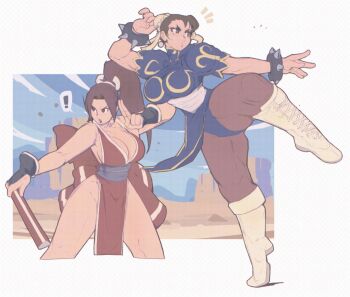 Rule 34 | !, 2girls, arm guards, bracelet, breasts, brown eyes, brown hair, bun cover, capcom, china dress, chinese clothes, chun-li, commentary, crossed legs, double bun, dress, english commentary, fatal fury, fighting stance, folded fan, folding fan, full body, hair bun, hand fan, high ponytail, jewelry, looking to the side, michel teru, motoyui, multiple girls, ninja, pantyhose, pelvic curtain, ponytail, revealing clothes, shiranui mai, sideboob, simple background, spiked bracelet, spikes, spoken exclamation mark, standing, standing on one leg, street fighter, the king of fighters, upper body, wrist guards