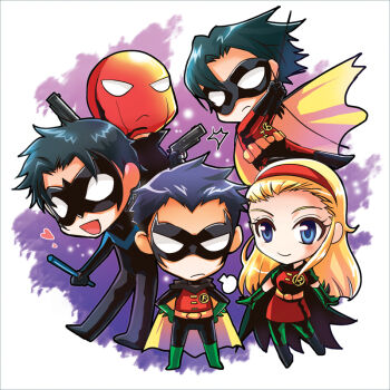 1girl 4boys batman_(series) belt black_hair blonde_hair blue_eyes bodysuit brothers cape chibi damian_wayne dc_comics dick_grayson domino_mask dual_wielding escrima_stick eye_mask family gauntlets gloves green_footwear gun hairband helmet holding jacket jason_todd male_focus mask multiple_boys nightwing red_hood red_hood_(dc) robin_(dc) rope shoes siblings simple_background skirt stephanie_brown tim_drake weapon