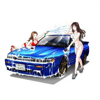 2girls ^_^ bikini black_footwear blue_car bra breasts brown_eyes brown_hair car cleavage closed_eyes denim denim_shorts groin hair_behind_ear high_heels initial_d large_breasts medium_breasts motor_vehicle multiple_girls navel nissan nissan_sileighty official_alternate_costume official_art panties parted_lips red_bikini red_footwear red_lips satou_mako sayuki_(initial_d) shadow shin_gekijouban_initial_d short_shorts shorts simple_background smile soap sponge sports_car swimsuit third-party_source underwear vehicle_focus white_background white_bikini