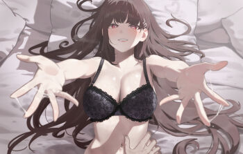 1boy 1girl black_bra black_hair blue_archive blush bra breasts cleavage coierah commentary halo hand_on_another's_waist highres lace lace-trimmed_bra lace_trim large_breasts long_hair lying navel on_back parted_lips pov reaching reaching_towards_viewer red_eyes red_halo rio_(blue_archive) smile underwear underwear_only very_long_hair