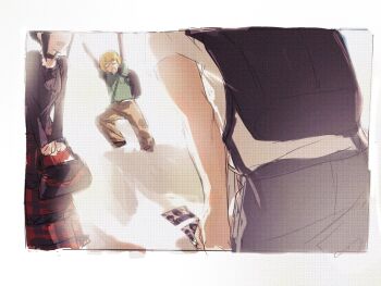 1girl 2boys alternate_universe armin_arlert backpack bag black_bag black_choker black_hair black_shirt border breasts brown_pants choker cross cross_necklace eren_yeager glasses green_shirt grey_pants handbag hands_up hashtag-only_commentary highres holding holding_bag jewelry laicuihu666 medium_breasts mikasa_ackerman multiple_boys necklace official_alternate_costume open_mouth pants plaid_clothes plaid_skirt red_skirt shingeki_no_kyojin shirt sidelocks sketch skirt smile updo white_border white_shirt