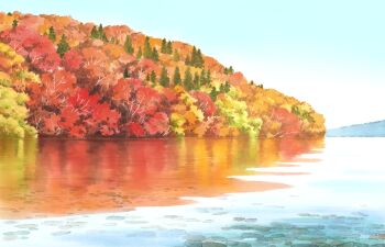autumn blue_sky colorful commentary_request day fir_tree forest hariken highres landscape nature no_humans original outdoors painting_(medium) reflection reflective_liquid river scenery sky traditional_media tree water watercolor_(medium)