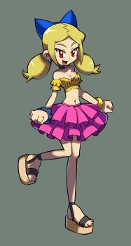 1girl absurdres anime_coloring bare_shoulders blonde_hair blue_bow blue_earrings bow bracelet breasts bubble_skirt casual choker cleavage colored_skin commission crop_top earrings frilled_shirt frilled_skirt frills full_body hair_bow hair_ornament happy high_heels highres incredibly_absurdres jewelry layered_skirt looking_at_viewer low_twintails md5_mismatch medium_breasts midriff multicolored_hair narrow_waist navel niyuyu off-shoulder_shirt off_shoulder open_mouth parted_bangs pink_skirt red_eyes resolution_mismatch shantae_(series) shantae_and_the_pirate&#039;s_curse shirt short_twintails sidelocks sideways_glance simple_background skirt smile solo solo_focus source_smaller streaked_hair tail toes twintails twitch_(shantae) wayforward white_skin yellow_shirt