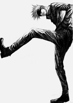 1boy blindfold collared_jacket commentary_request full_body gojou_satoru greyscale grin hand_in_pocket highres jacket jujutsu_kaisen jujutsu_tech_uniform kuwoniagyu11112 leg_up long_sleeves male_focus monochrome pants shoes short_hair simple_background smile solo spiked_hair white_background