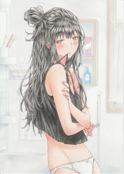 1girl bathroom black_camisole black_hair blush bow bow_panties brown_eyes camisole closed_mouth clothes_in_mouth commentary_request cowboy_shot expressionless eyelashes from_side hand_on_own_arm highres holding holding_toothbrush indoors long_hair looking_at_viewer looking_to_the_side marker_(medium) meeya morning no_pants one_side_up original panties slice_of_life solo standing toothbrush traditional_media underwear white_panties
