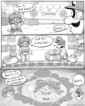 3koma bad_tag bikini boat bra comic crown dress facial_hair flipped_hair frecles hat legs lolomendozaart luigi mario_(series) mario_super_sluggers mustache nintendo pointing pool princess_daisy smile surprised swimsuit toad_(mario) tomboy underwear watercraft