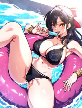 1girl absurdres armpits bikini black_bikini black_hair bracelet breasts cleavage commission eyebrows_hidden_by_hair final_fantasy final_fantasy_xiv food food_on_body food_on_breasts groin hair_between_eyes hair_ribbon highres holding holding_food holding_popsicle jewelry large_breasts lipstick long_hair looking_at_viewer makeup navel ocean on_innertube open_mouth popsicle red_ribbon ribbon samael_(5211) sitting skeb_commission smile solo spread_legs stomach swimsuit warrior_of_light_(ff14) yellow_eyes